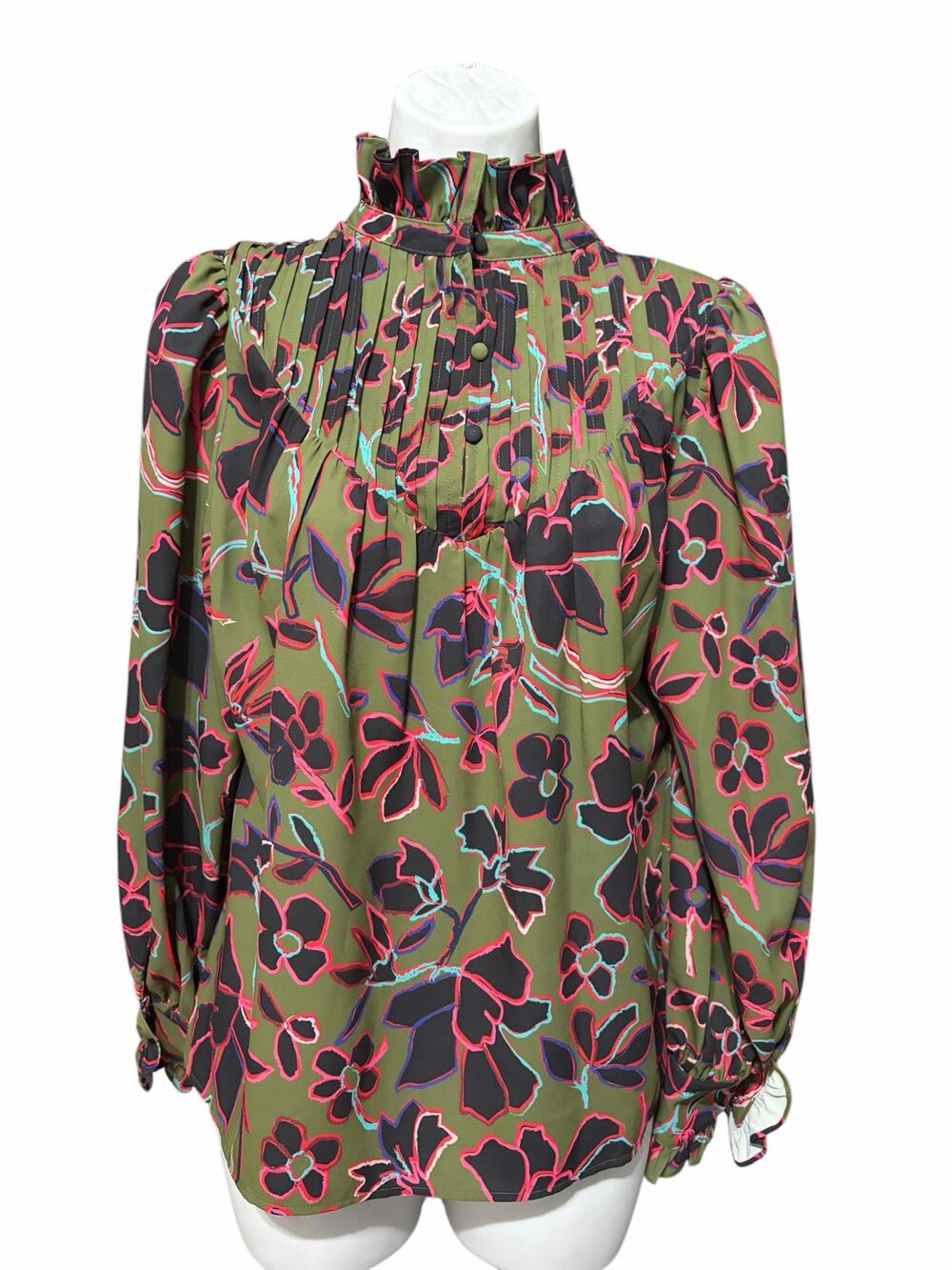 Crosby by Mollie Burch Floral Blouse Ruffle Neck Puff Sleeve Pleated Boho Top